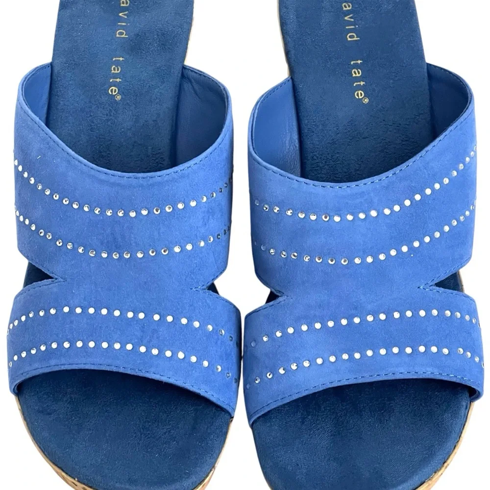 David Tate Wedge Open Toe Slip On‎ Sandals Leather Upper Embedded Rhinestones